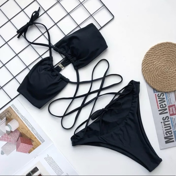 CLEARANCE Black Sexy 2 Pc Crisscross Strappy Bikini Swimsuit - Picture 5 of 5